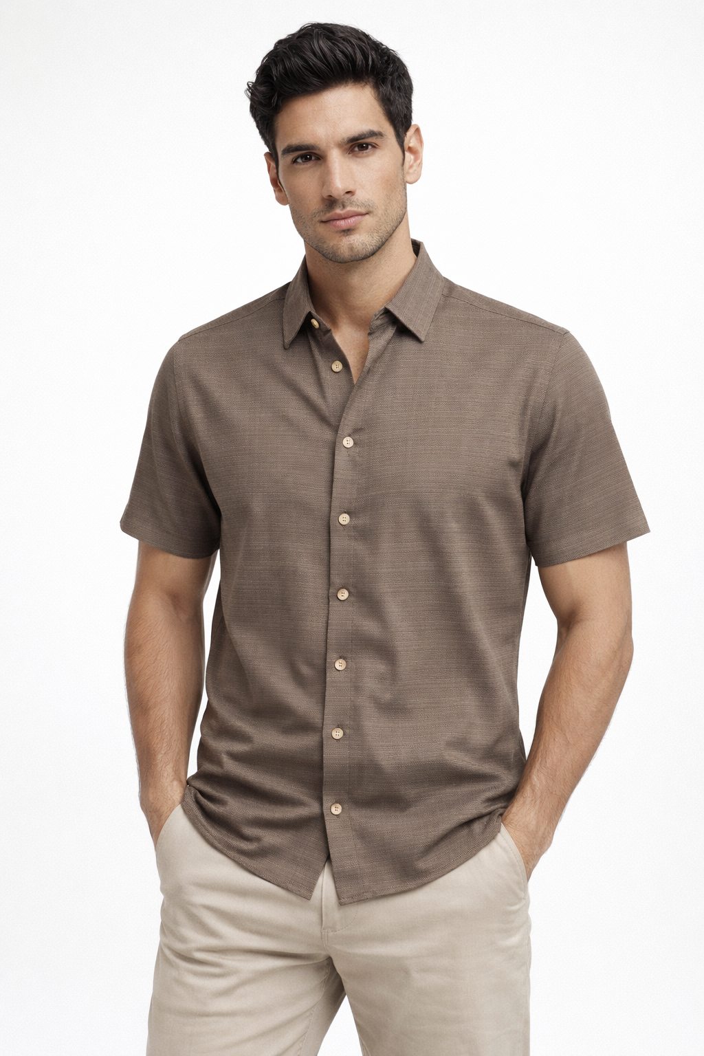 Camisas Para Hombre Manga Corta Texturizada B61355 Cafe