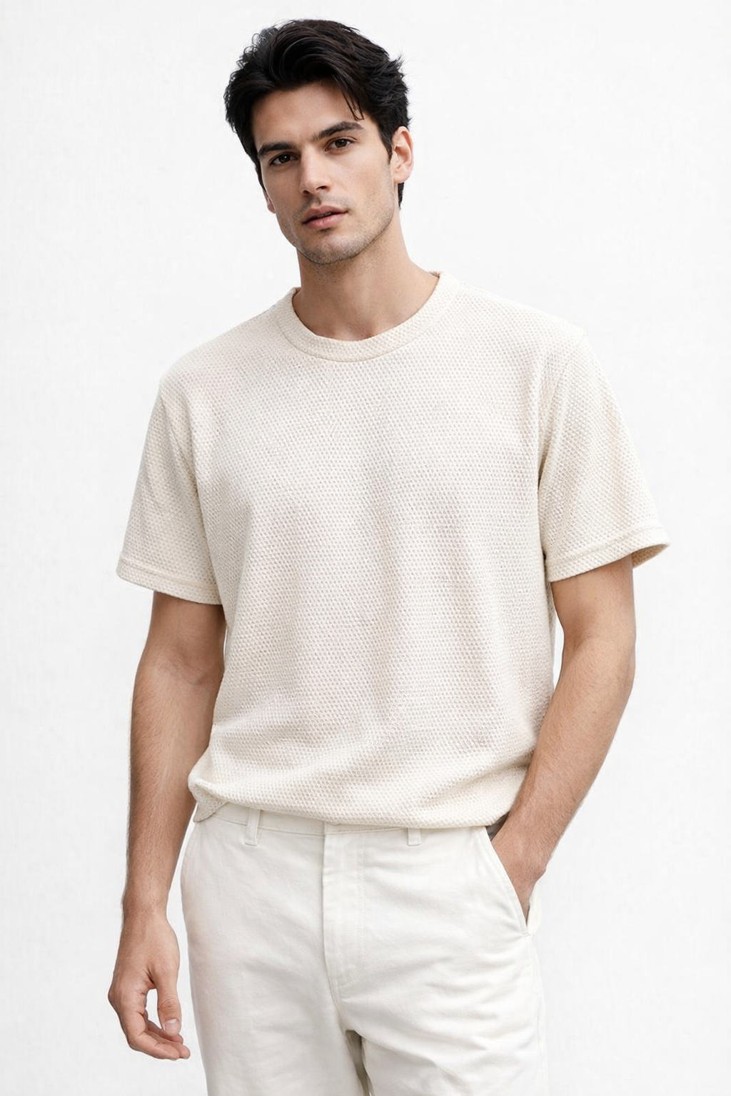 Playeras Para Hombre Jacquard Micro Bolitas A61306 Hueso