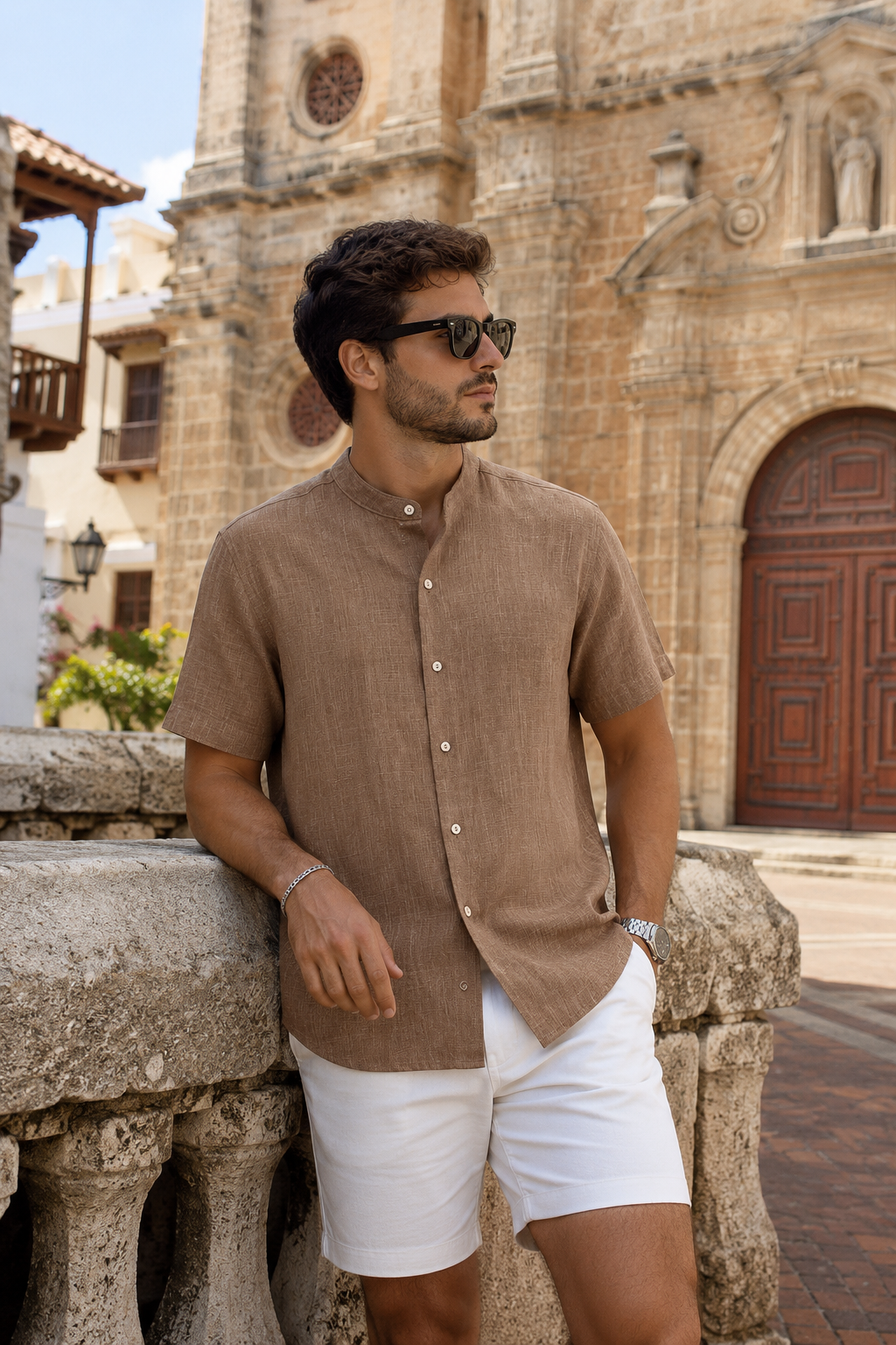 Camisas Para Hombre Tipo Lino Cuello Mao B61552 Cocoa
