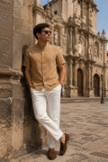 Camisas Para Hombre Tipo Lino Cuello Mao B61552 Camel