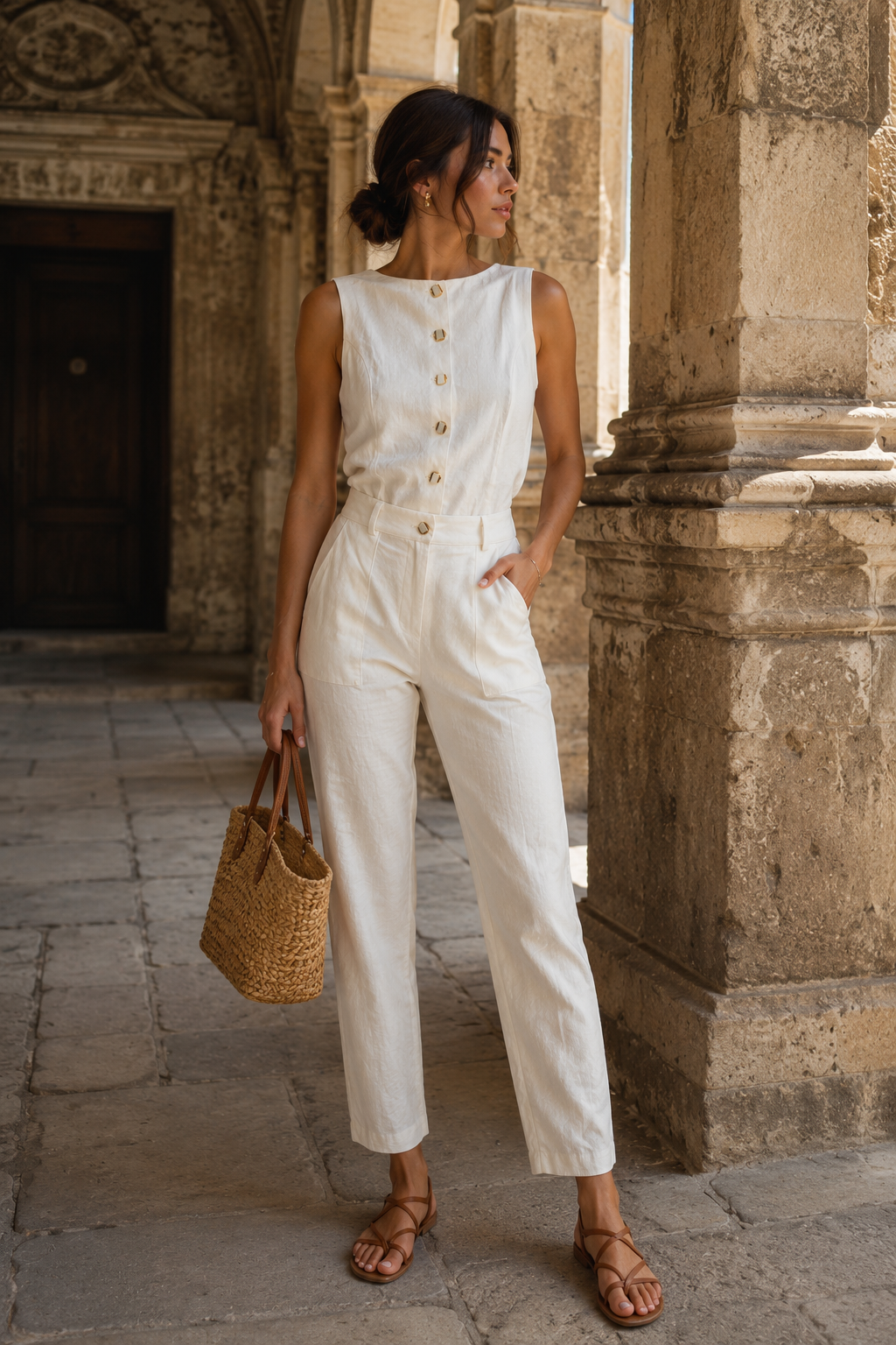 Pantalones Para Mujer Tipo Lino Corte Recto W61118 Hueso
