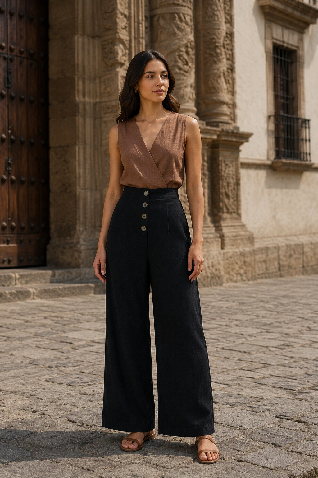 Pantalones Para Mujer Amplio Con Pespunte Con Botones Al Frente W61115 Negro
