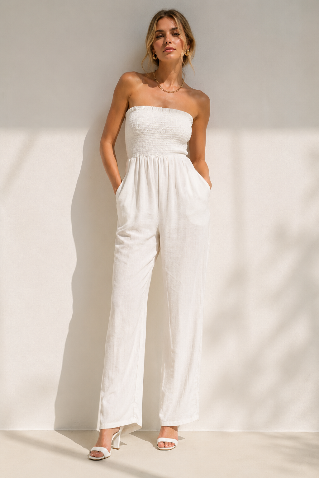 Jumpsuits Para Mujer Smok Tipo Lino Strapless W61136 Blanco