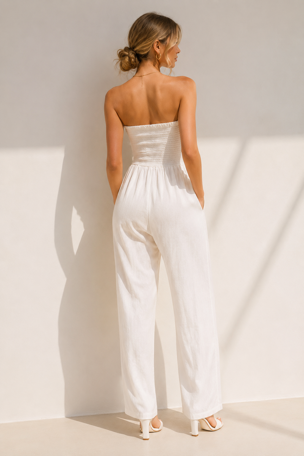 Jumpsuits Para Mujer Smok Tipo Lino Strapless W61136 Blanco