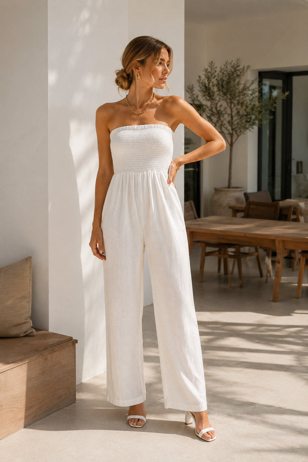 Jumpsuits Para Mujer Smok Tipo Lino Strapless W61136 Blanco