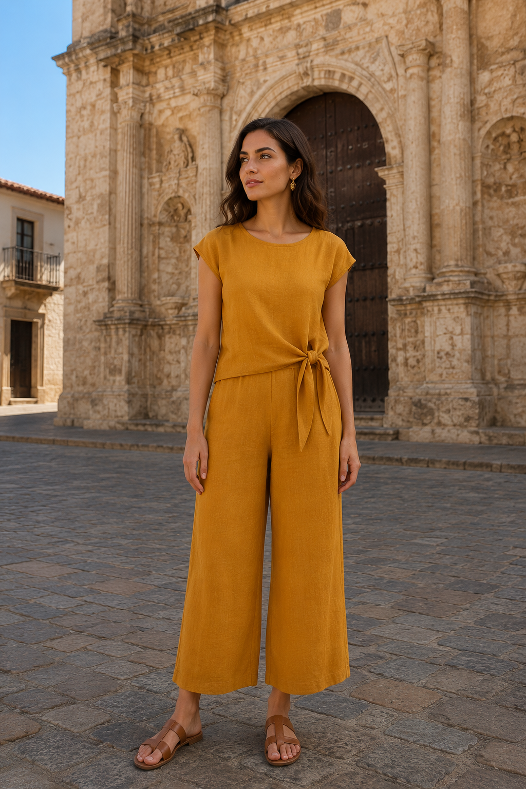 Pantalones Para Mujer Amplio Corto Con Pinzas W61113 Ocre