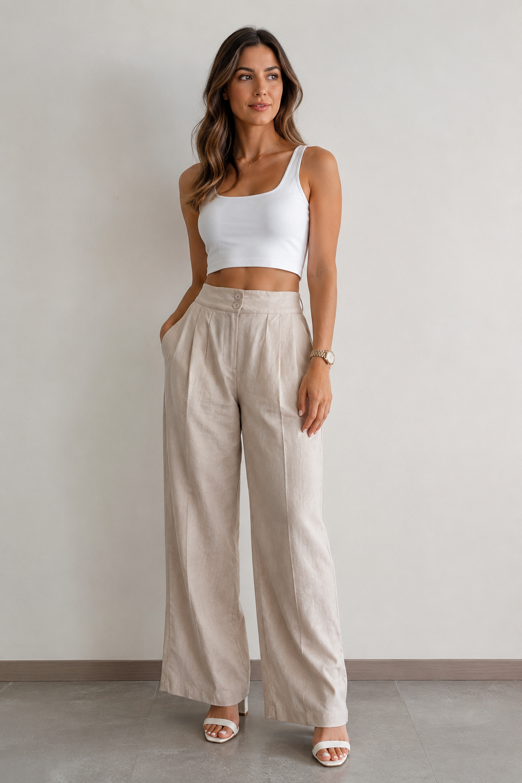 Pantalones Para Mujer Liso Ancho Con Pespunte y Pinzas W61120 Arena