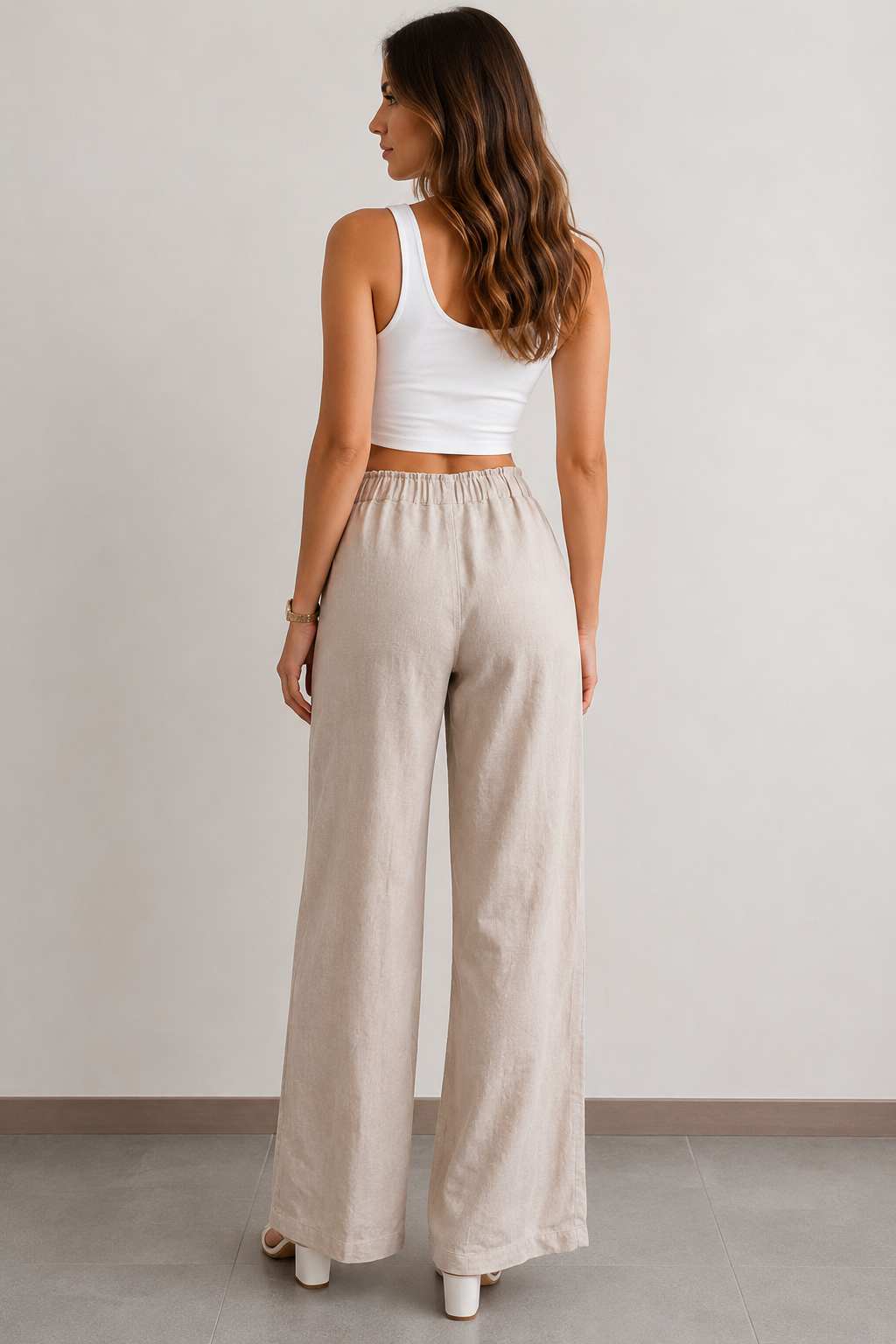 Pantalones Para Mujer Liso Ancho Con Pespunte y Pinzas W61120 Arena