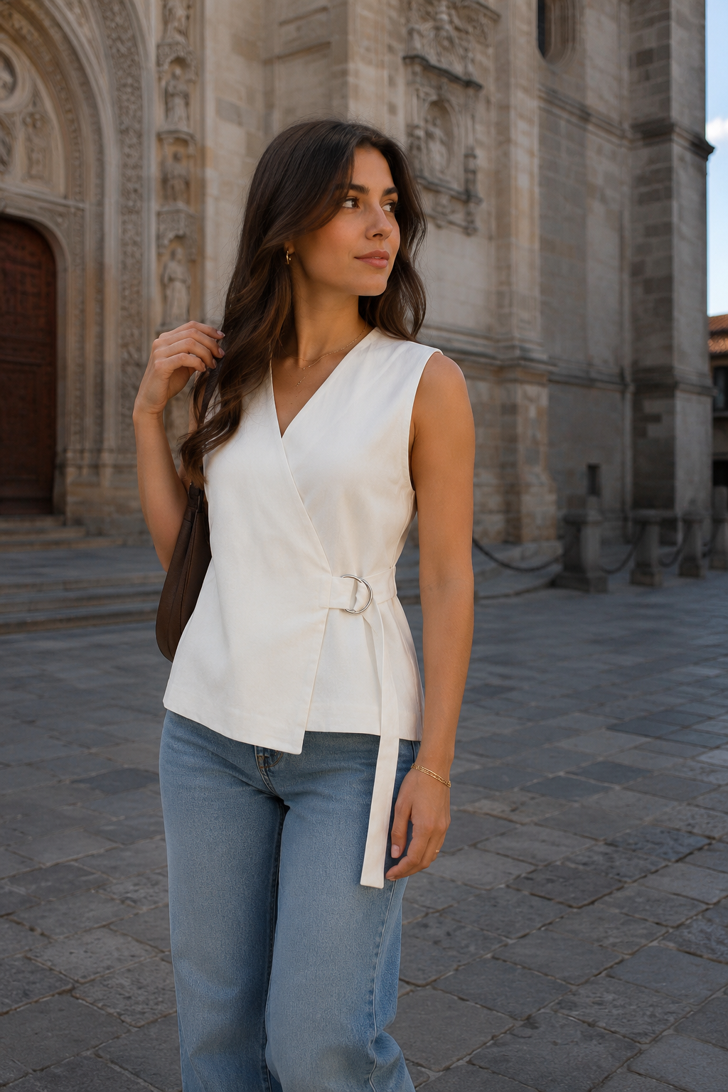 Chalecos Para Mujer Largo Cruzado Con Hebilla Tipo Lino R61103 Hueso
