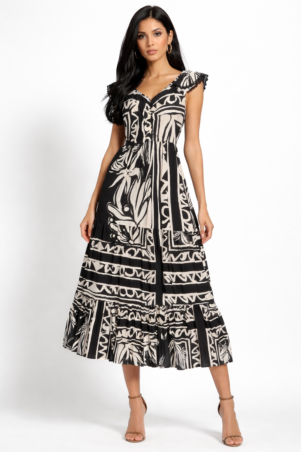Vestidos Para Mujer Cuello V Largo Con Olanes S61110 Hueso/Negro