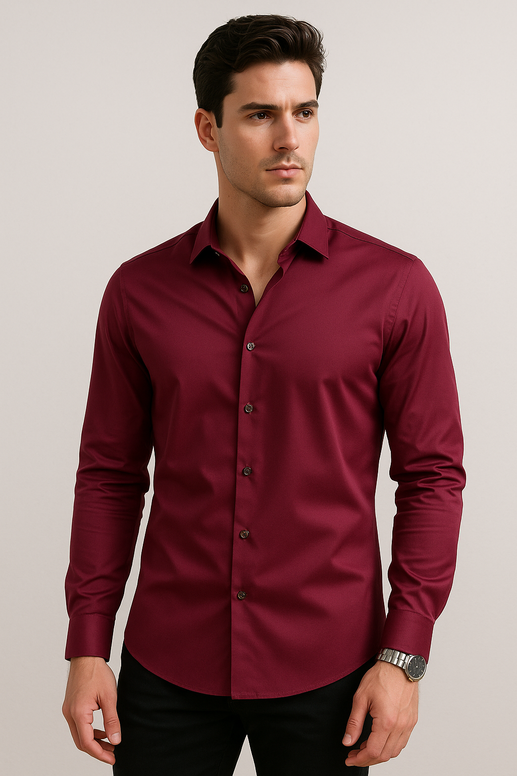Camisas Para Hombre Satinada Stretch Formal BPOPSS Vino