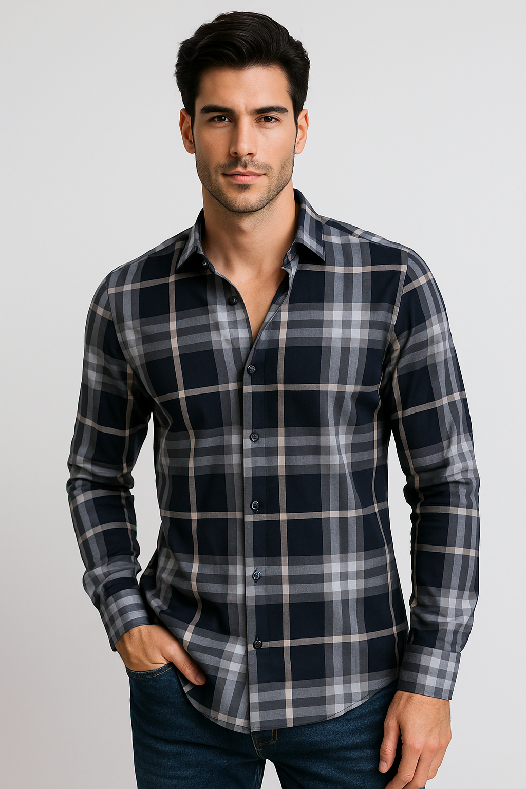 Camisas Para Hombre Manga Larga Cuadros B55308 Marino