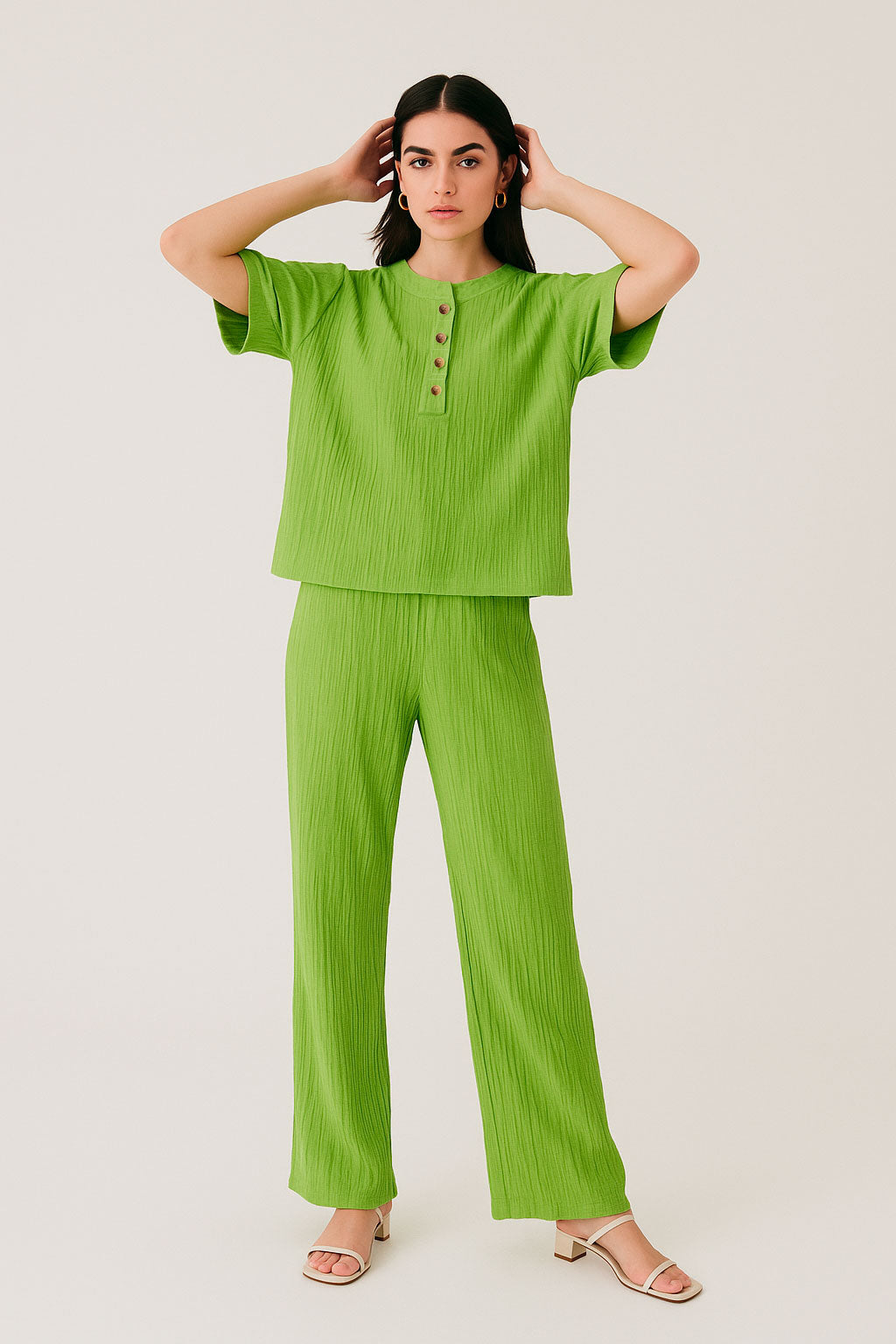 Pantalones Para Mujer Basico Corrugado De Tiro Alto W41142 Verde