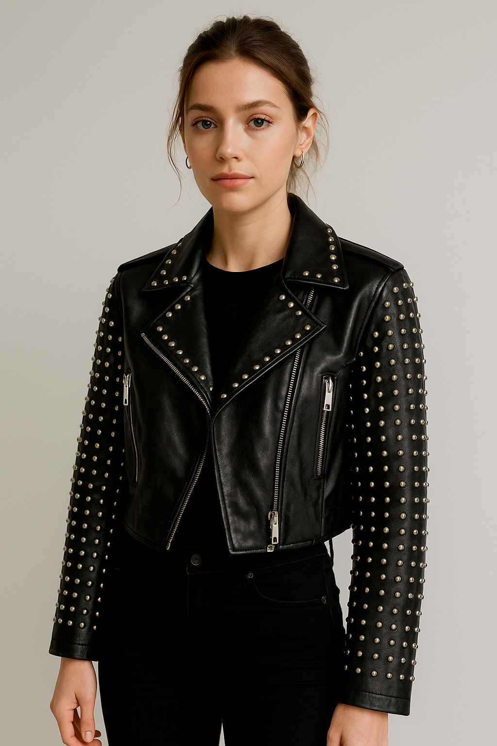 Chamarras Para Mujer Biker Estoperoles Plateados Q43201 Negro