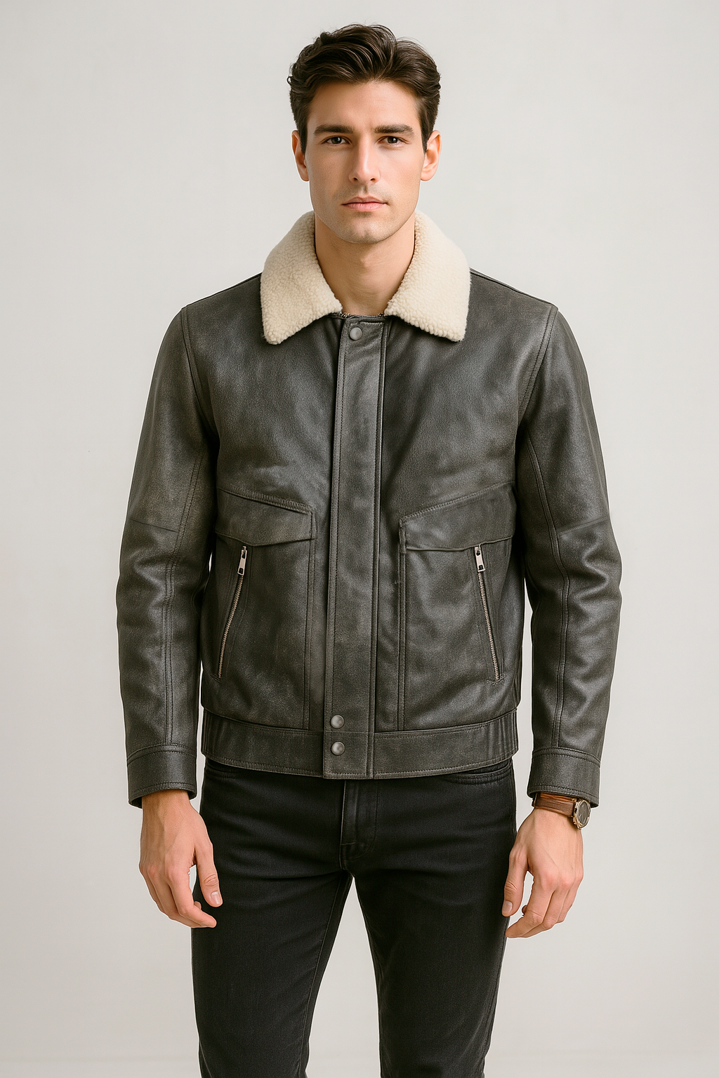 Chamarras para Hombre Tipo Piel Cuello Sherpa D45310 Gris