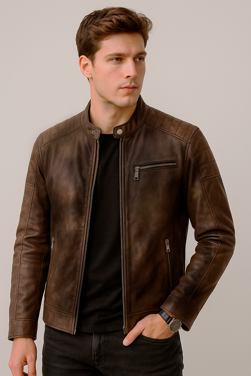 Chamarras Para Hombre Biker Tipo Piel D45308 Cafe