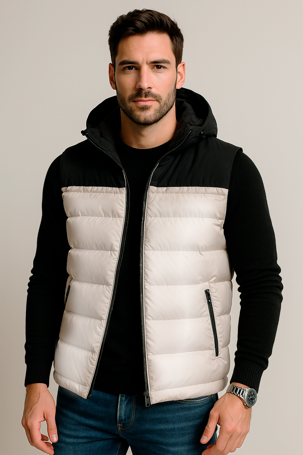 Chalecos Para Hombre Tipo Puffer Con Capucha H45305 Blanco