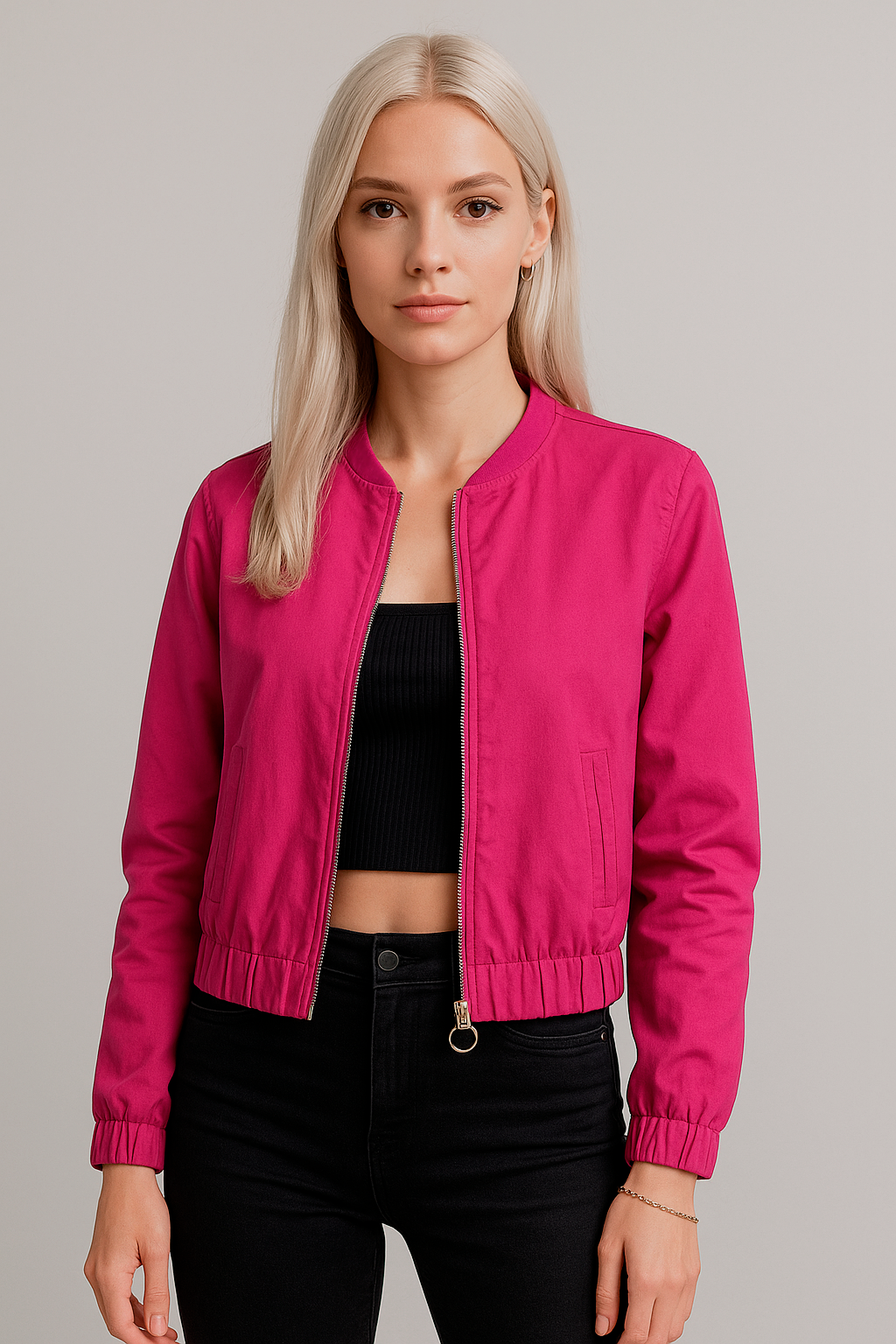 Chamarras Para Mujer Bomber Jacket Corta Q53101 Magenta