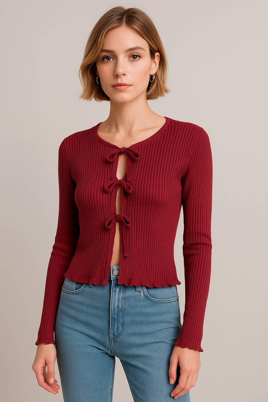 Blusas Para Mujer Tejido Diseño De Listones Al Frente O53202 Vino