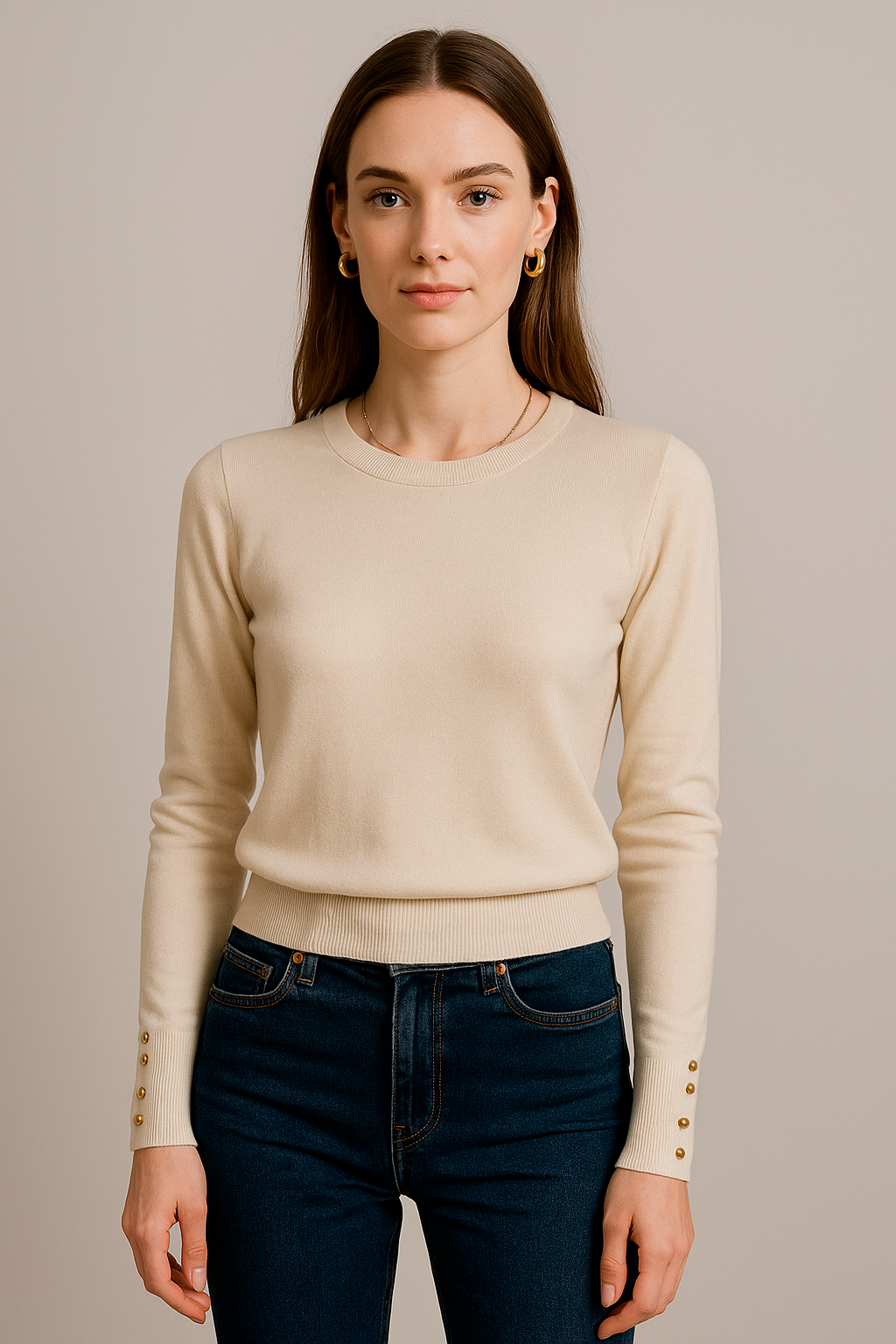 Suéteres Para Mujer Con Botones En Los Puños O53204 Crema