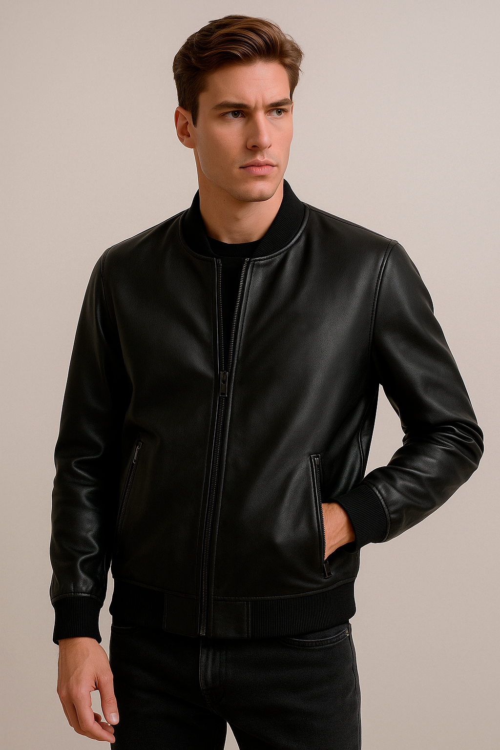 Chamarras Para Hombre Bomber Tipo Piel Cierre Frontal D45306 Negro