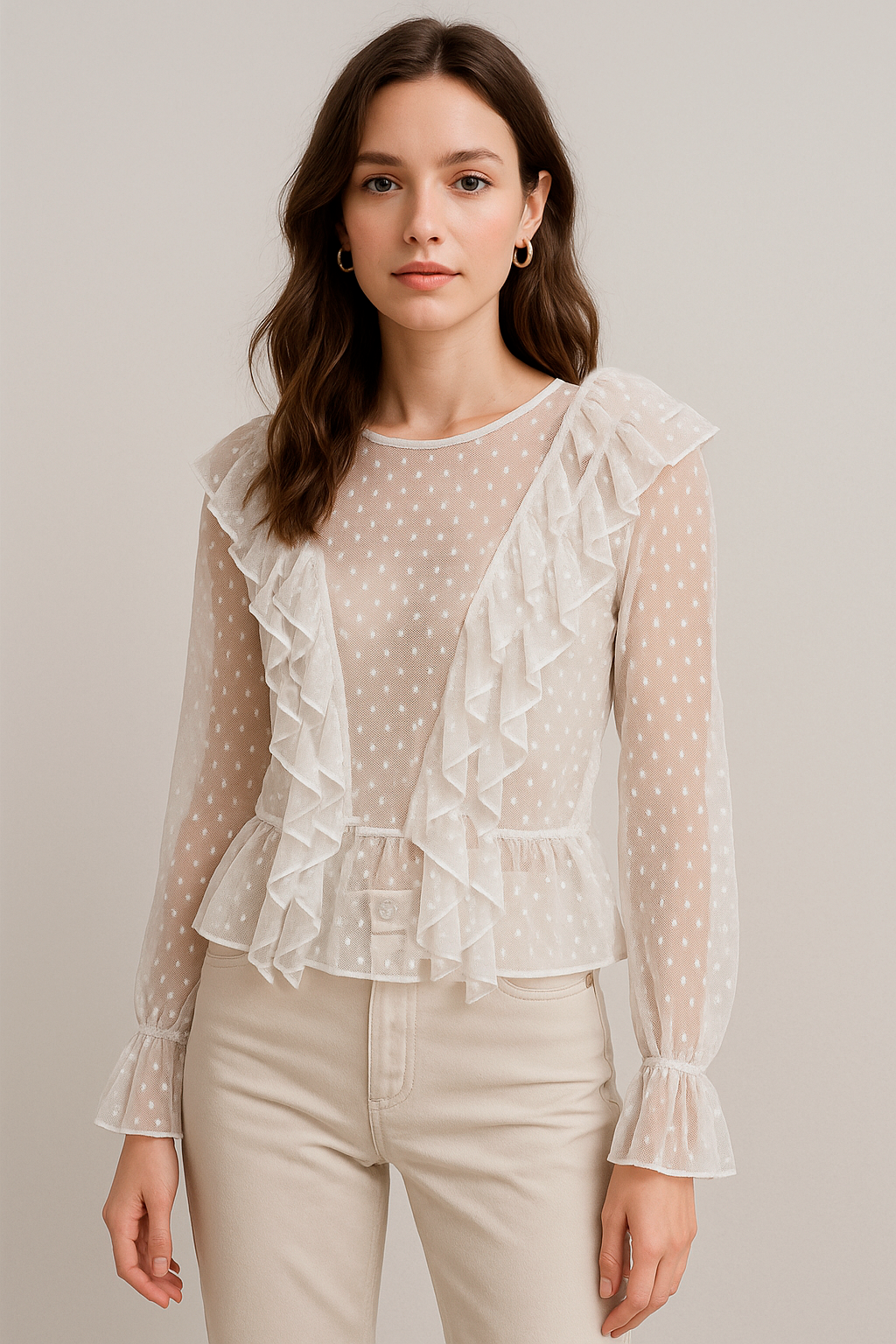 Blusas Para Mujer De Malla Con Olanes y Puntos N53124 Hueso