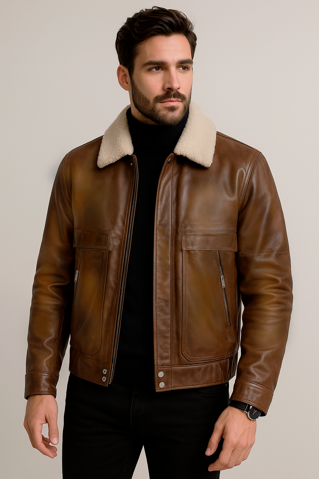 Chamarras para Hombre Tipo Piel Cuello Sherpa D45310 Cafe