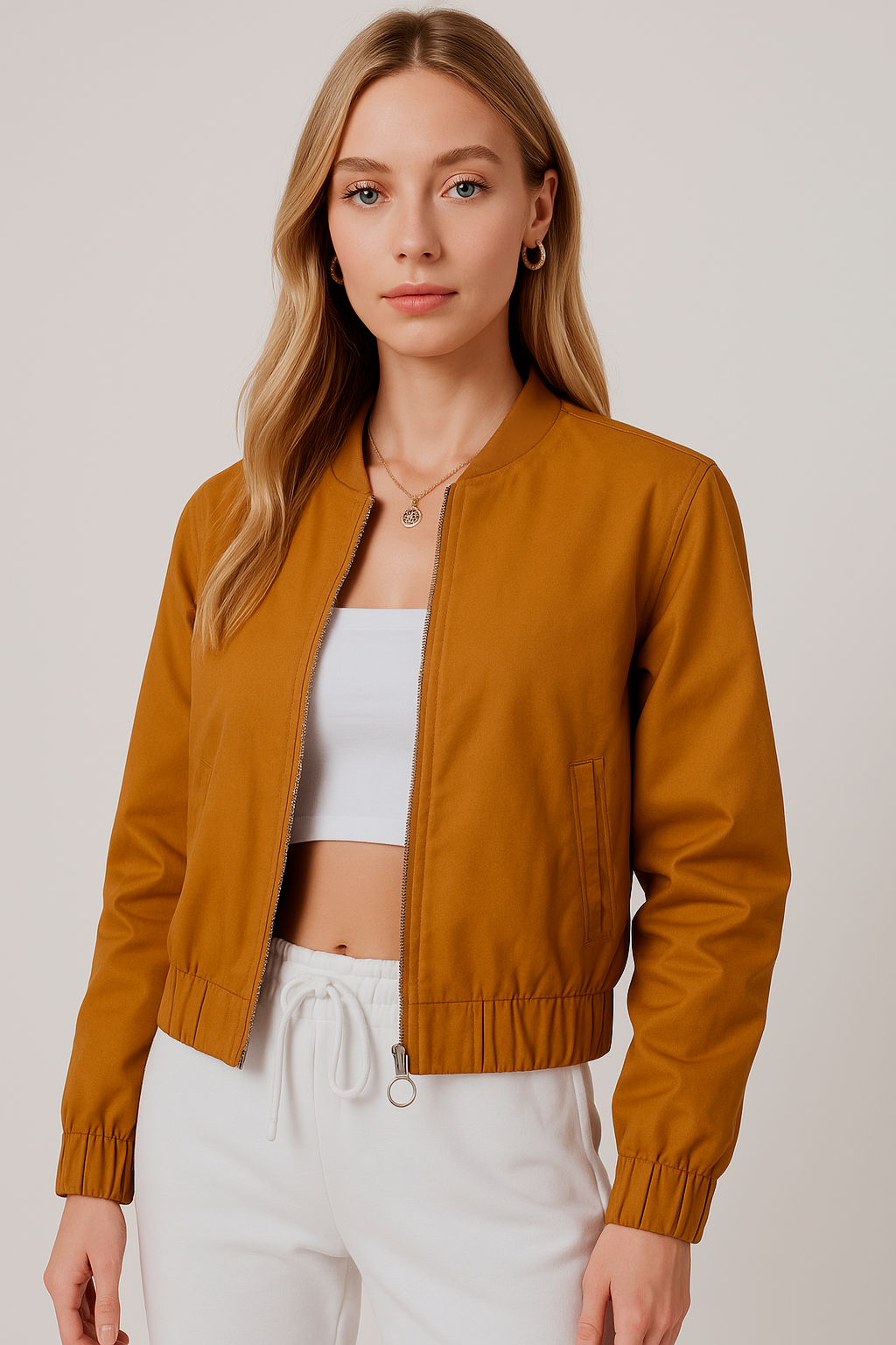 Chamarras Para Mujer Bomber Jacket Corta Q53101 Ocre