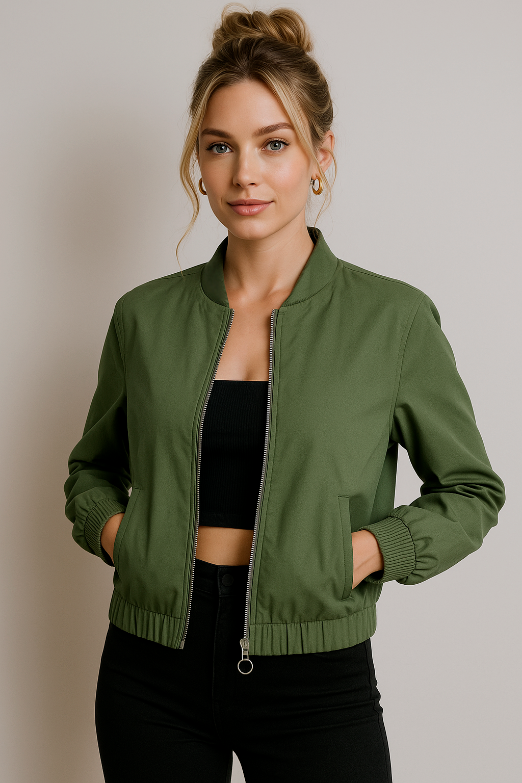 Chamarras Para Mujer Bomber Jacket Corta Q53101 Militar