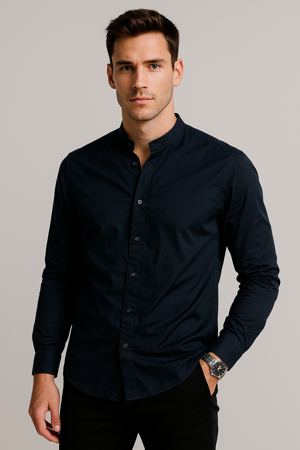 Camisas Para Hombre Jaquard Cuello Mao B55301 Marino