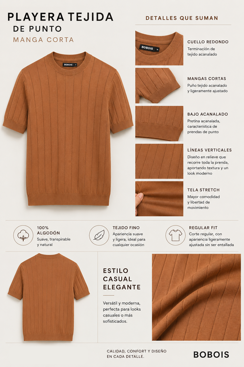 Playeras Para Hombre de Punto Tejida Acanalada A61452 Negro