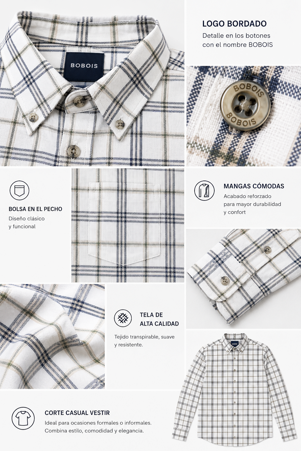 Camisas Para Hombre Manga Larga Cuadros Multicolor B61106 Blanco