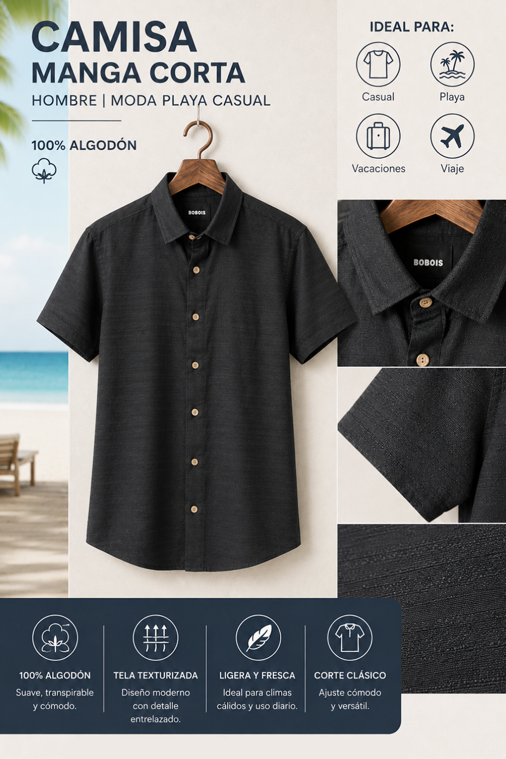 Camisas Para Hombre Manga Corta Texturizada B61355 Cafe