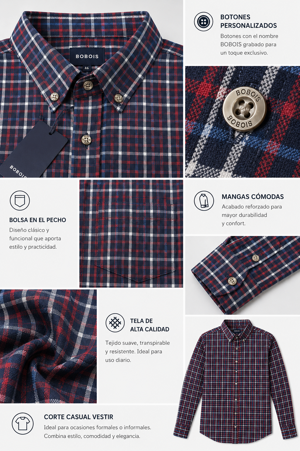 Camisas Para Hombre Manga Larga Cuadros Multicolor B61105 Marino