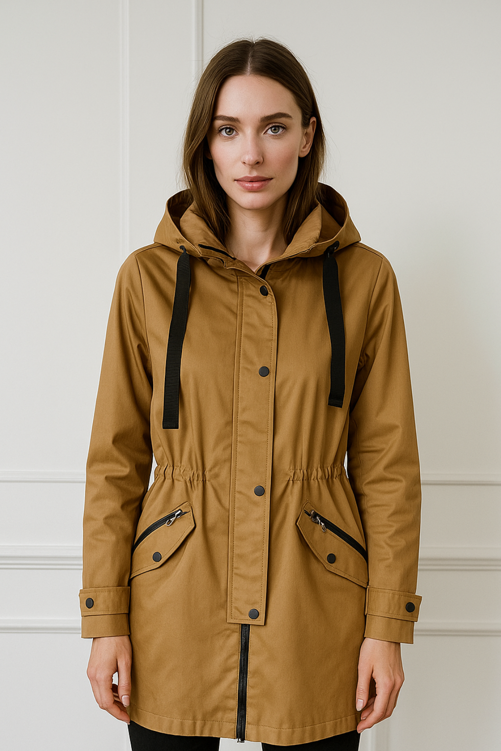 Gabardinas Para Mujer con Capucha, Botones y Cierre T43201 Kaki