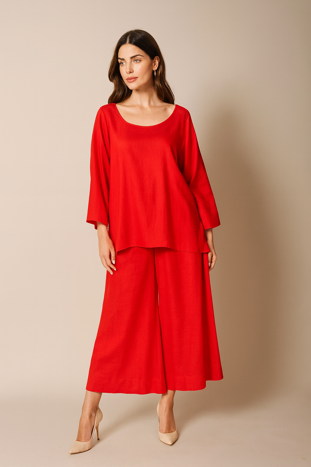 Blusas Para Mujer Bluson Manga 3/4 Tipo Lino N51147 Rojo