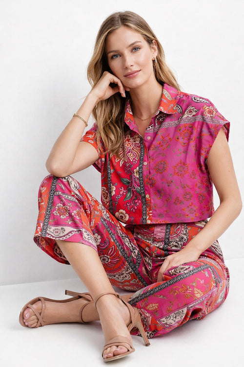 Blusas Para Mujer Corta Camisera Floreada N61101 Rosa