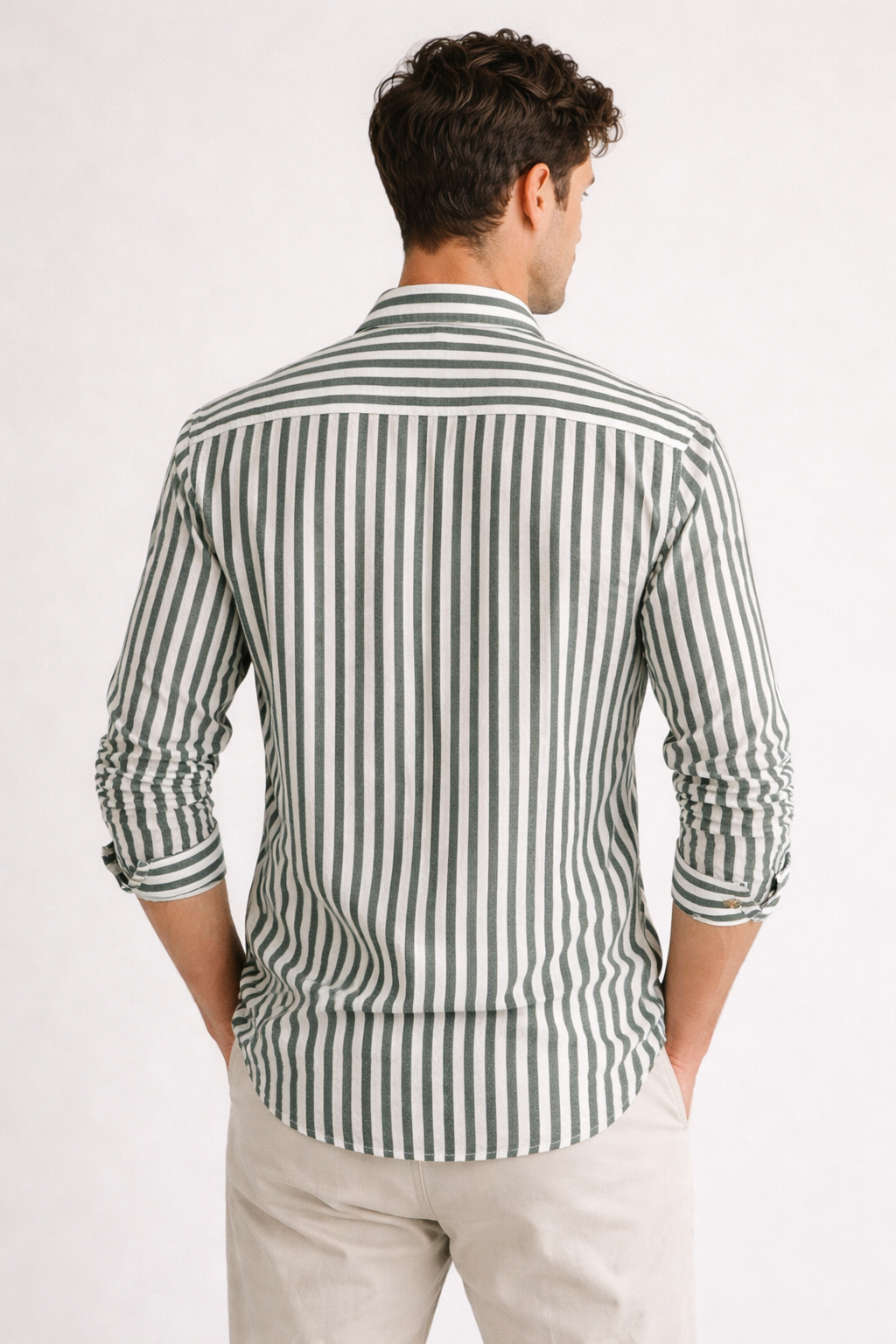 Camisa para Hombre Manga Larga de Rayas Antiarrugas Ligera B61408 Militar