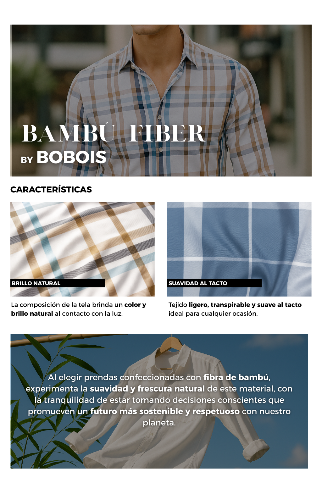 Camisas Para Hombre Manga Larga Bambú Cuadros B51335 Blanco