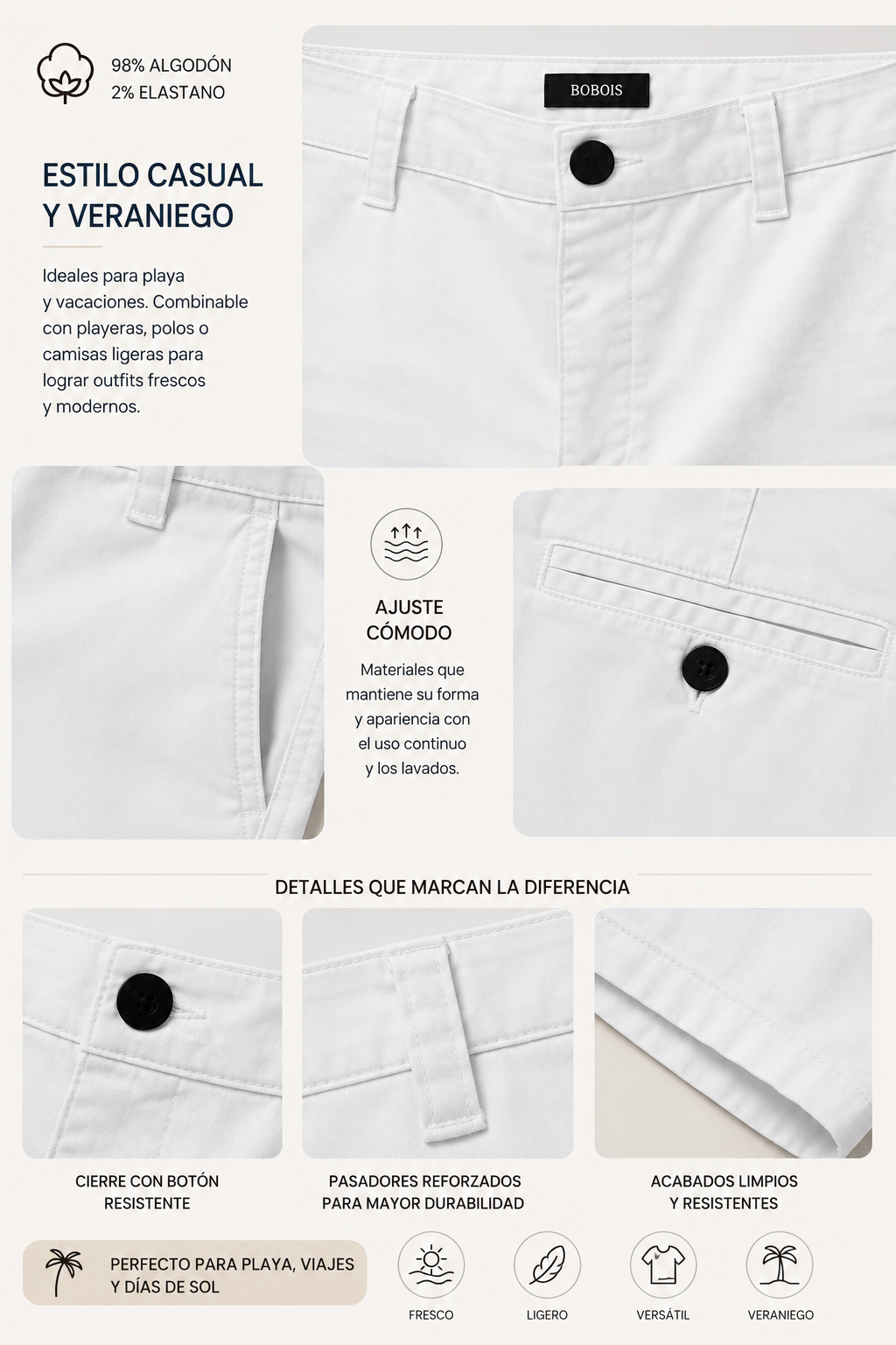 Bermudas Para Hombre De Gabardina Spandex Algodón GBRABSON Beige