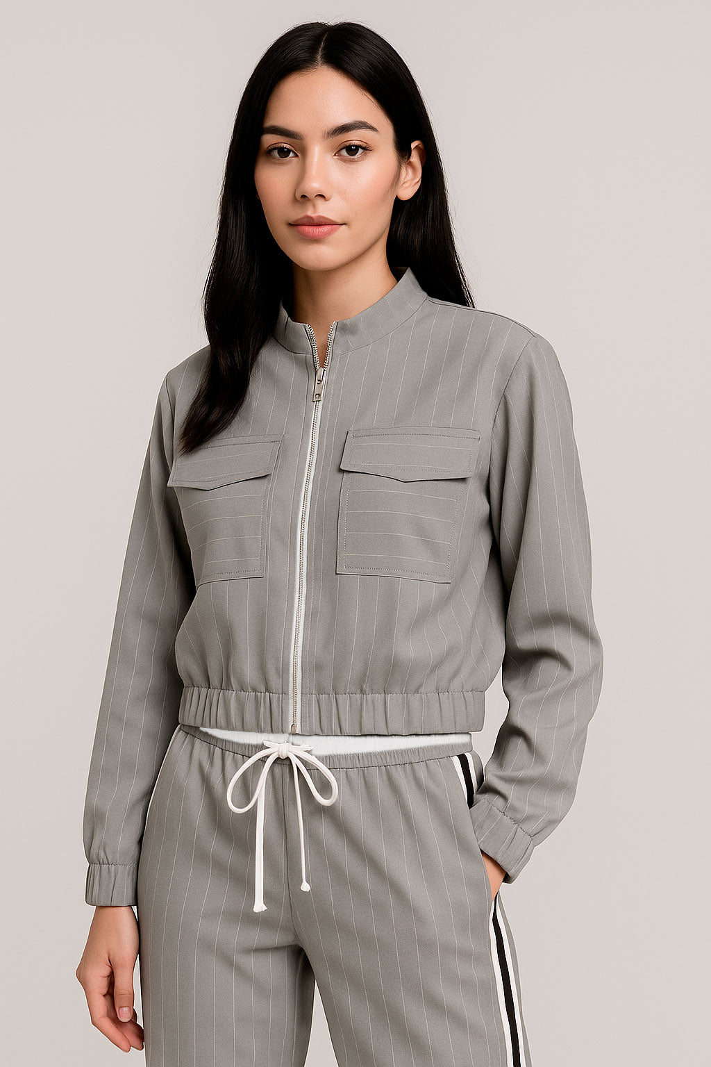 Chamarras Para Mujer Corta De Rayas Con Bolsillos Q53102 Gris