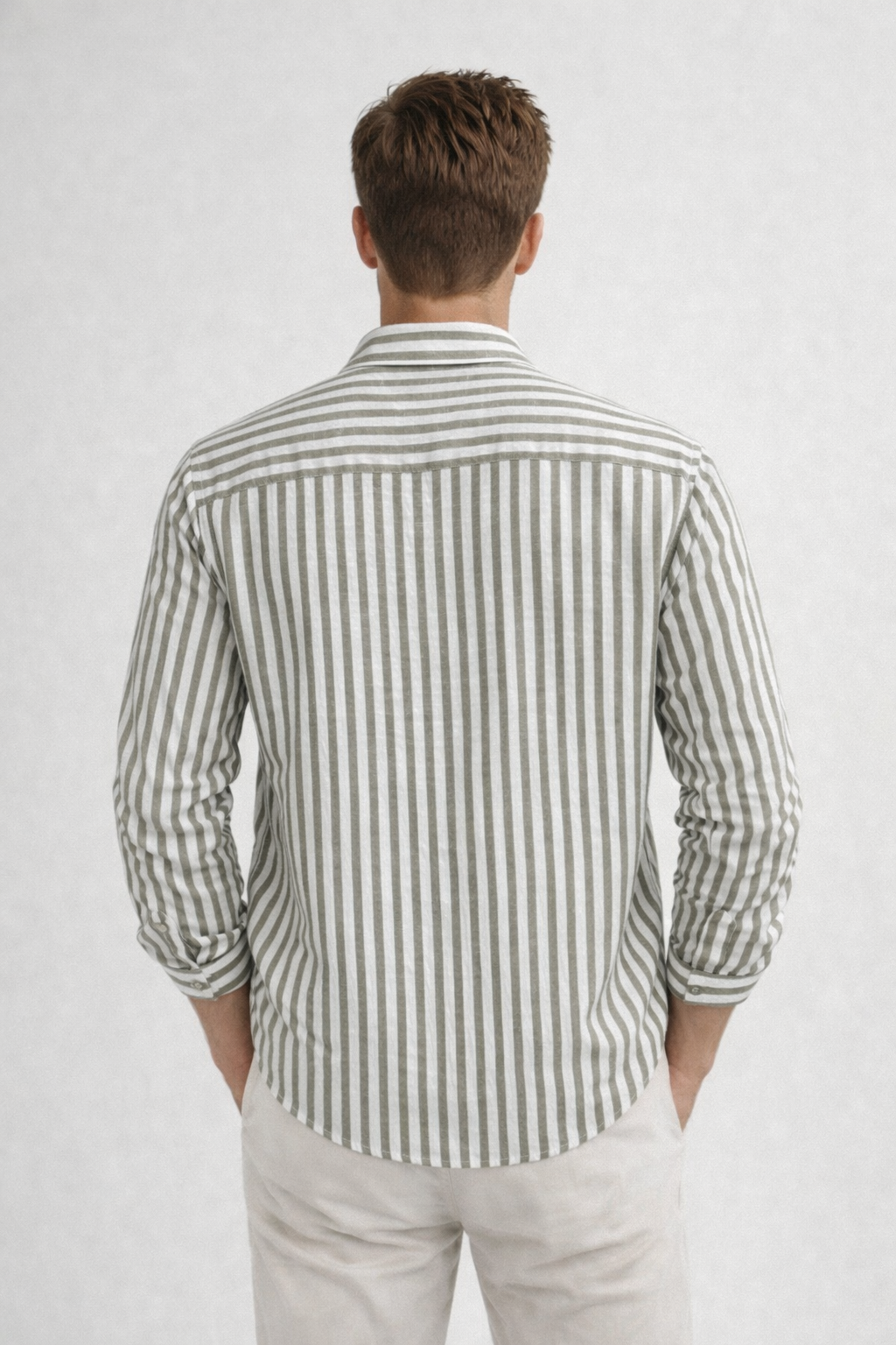 Camisa para Hombre Manga Larga de Rayas Antiarrugas Ligera B61408 Olivo