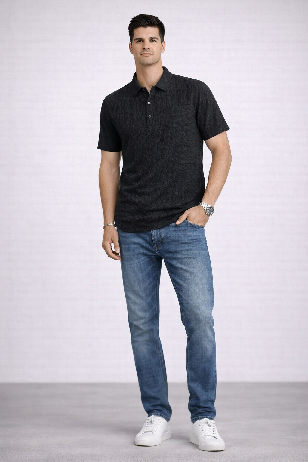 Playera Polo para Hombre Casual Jacquard Super Stretch Antiarrugas A61418 Negro