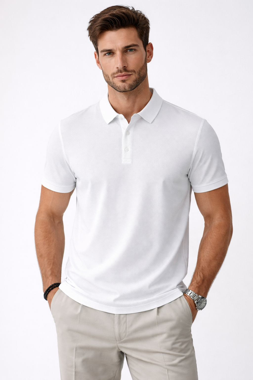 Playera Polo para Hombre Casual Jacquard Super Stretch Antiarrugas A61418 Hueso