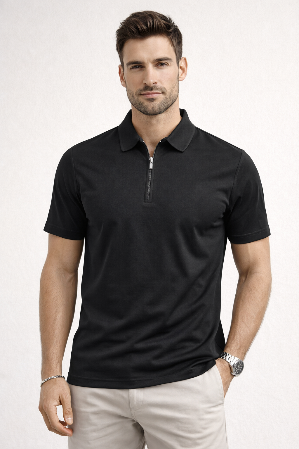 Playera Polo para Hombre con Cierre Premium Antiarrugas A61419 Negro