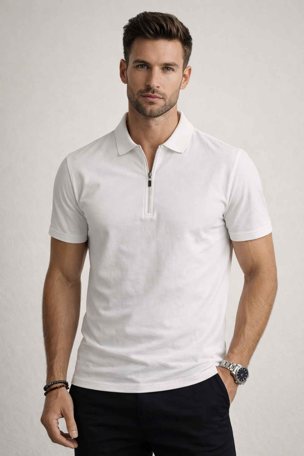 Playera Polo para Hombre con Cierre Premium Antiarrugas A61419 Blanco