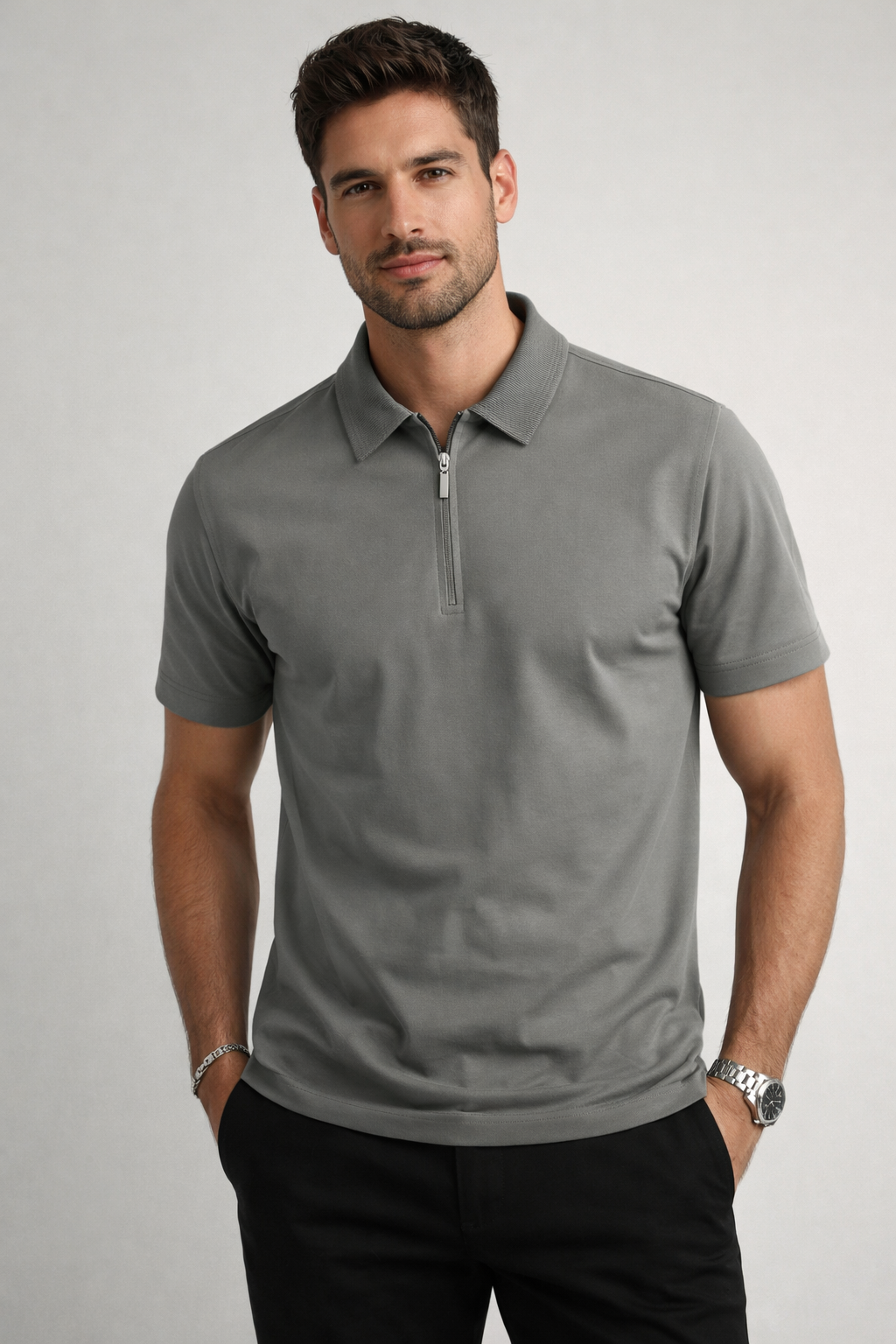 Playera Polo para Hombre con Cierre Premium Antiarrugas A61419 Gris