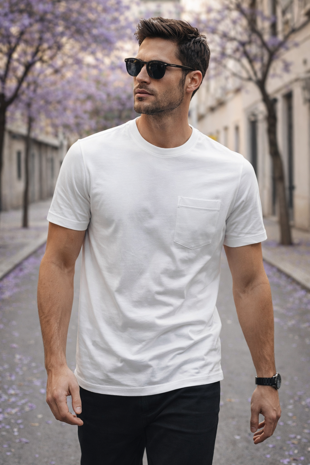 Playera para Hombre Cuello Redondo Algodón con Bolsa Stretch A61401 Blanco