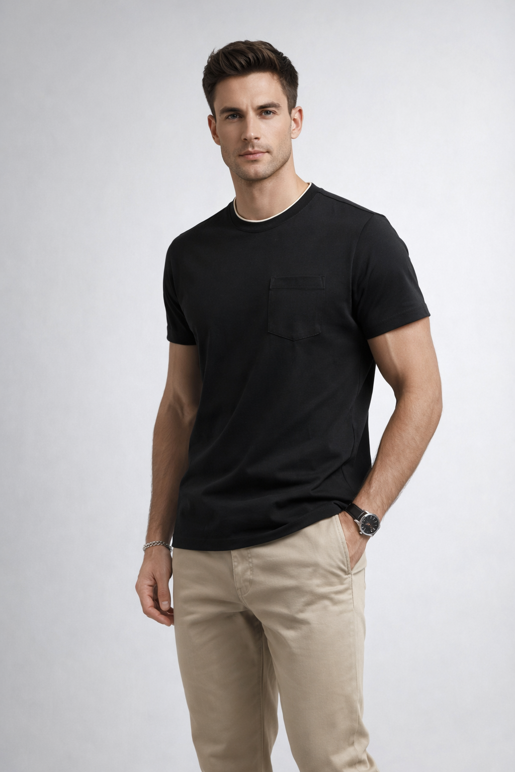 Playera para Hombre Cuello Redondo de Algodón Stretch A61402 Negro