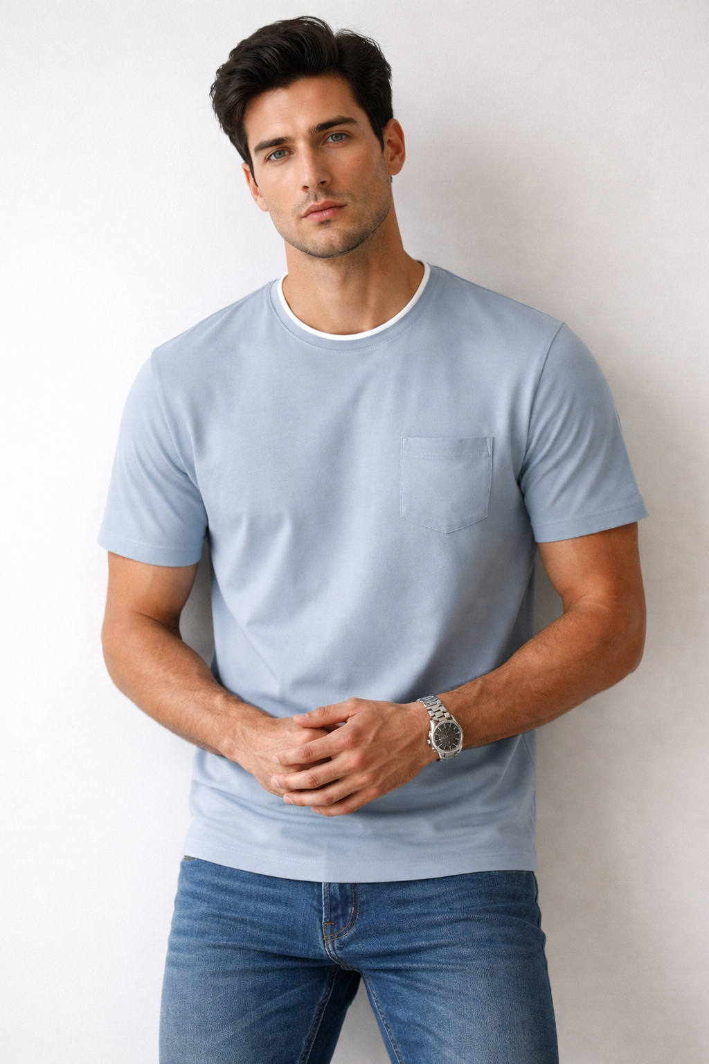 Playera para Hombre Cuello Redondo de Algodón Stretch A61402 Cielo
